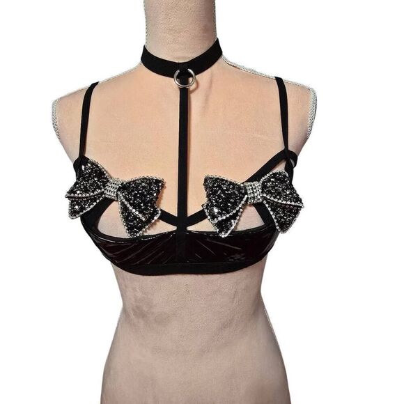 Starline Strappy PVC Caged Shelf Bra with Rhinestone Bows - Picture 1 of 5